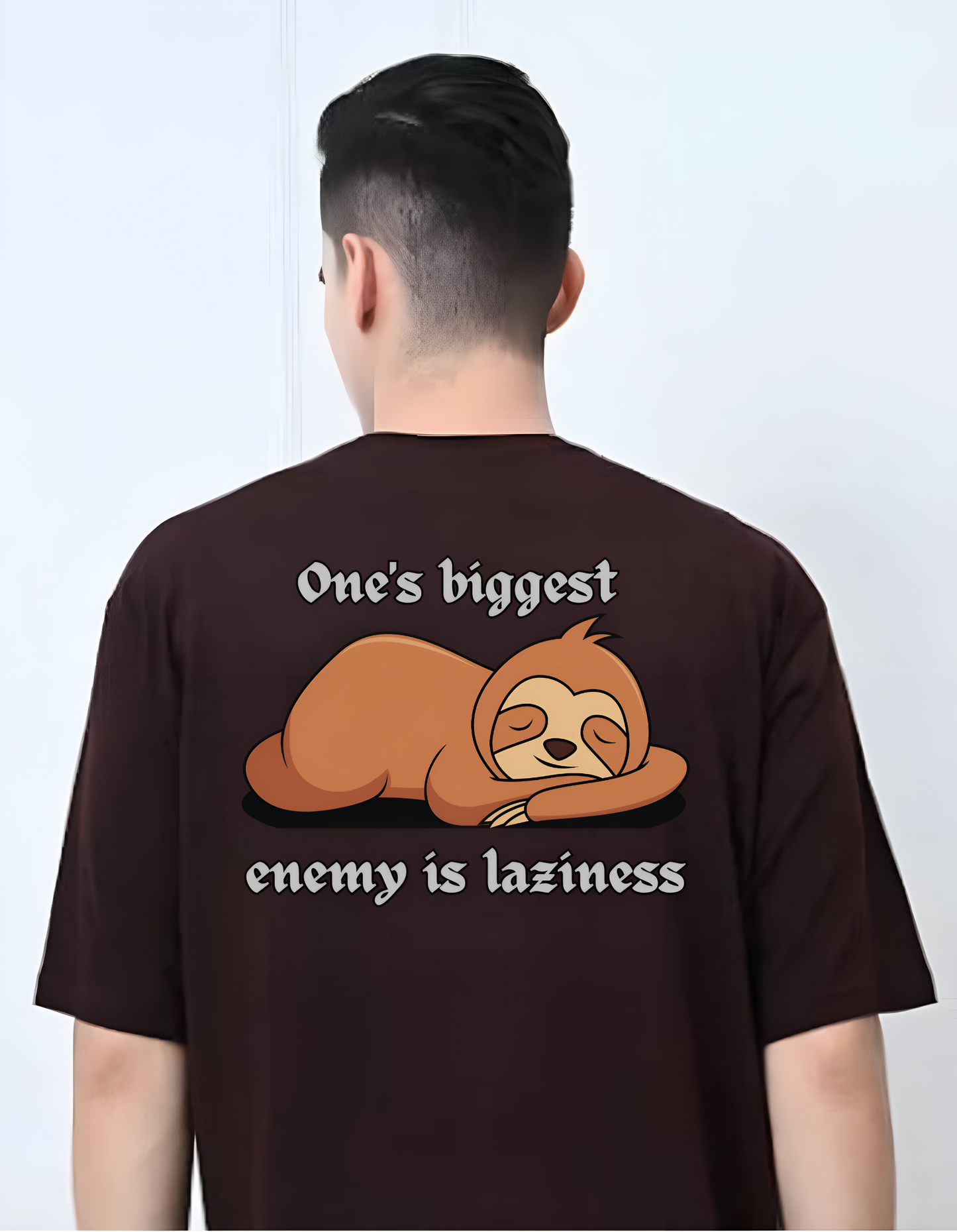 "Oversized Coffee Brown Vagabond Us Sanskrit Typography Cotton T-Shirt - आलस्यं हि मनुष्याणां शरीरस्थो महान् रिपुः"