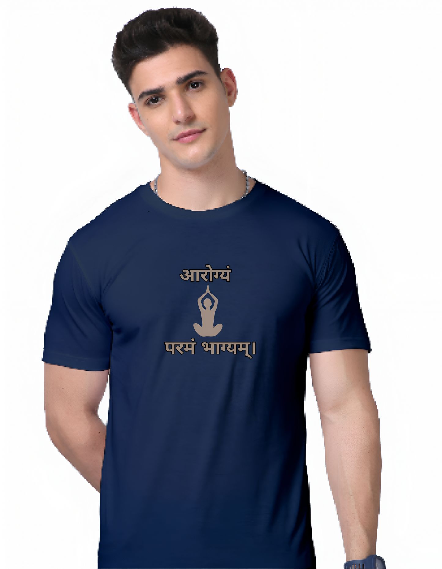 "Regular Fit Navy Blue Cotton T-Shirt with Sanskrit Typography - आरोग्यं परमं भाग्यम्"