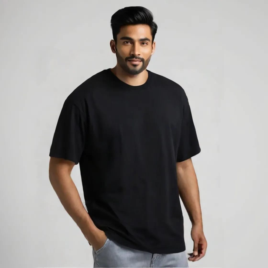 Black Oversize French Terry round-neck Cotton T-shirt